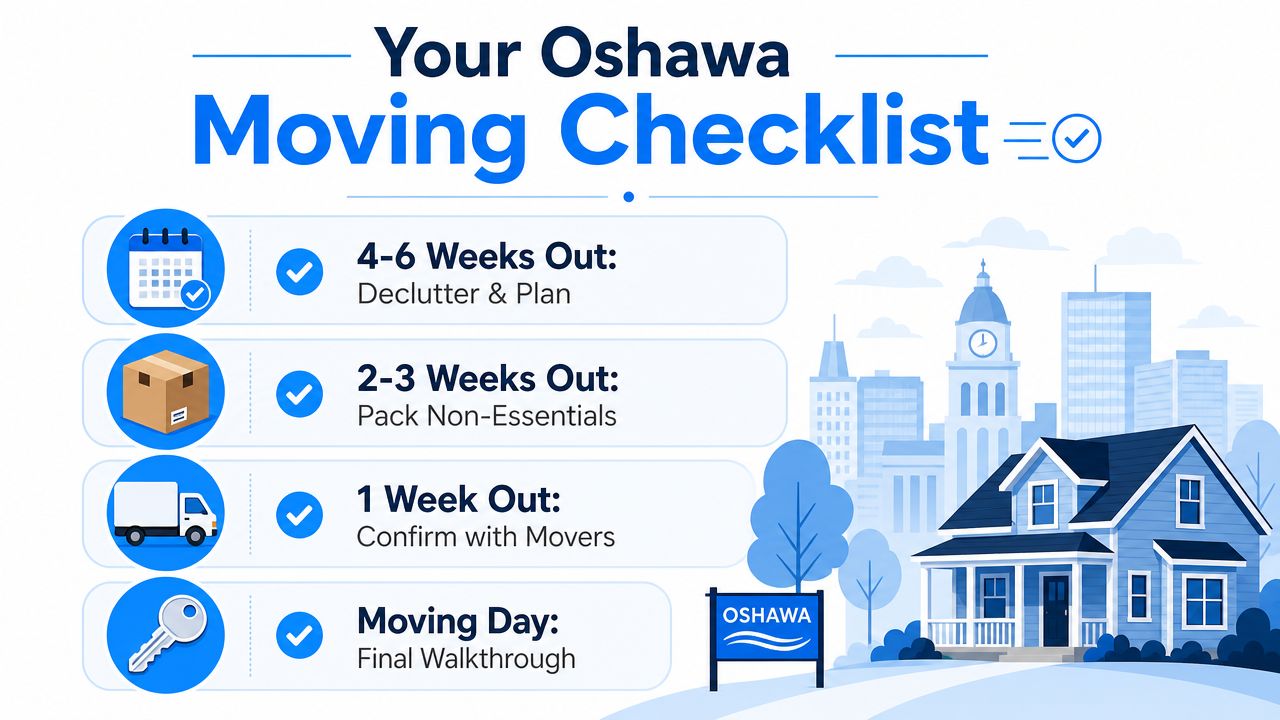 An infographic titled Your Oshawa Moving Checklist with four steps for planning a successful relocation.