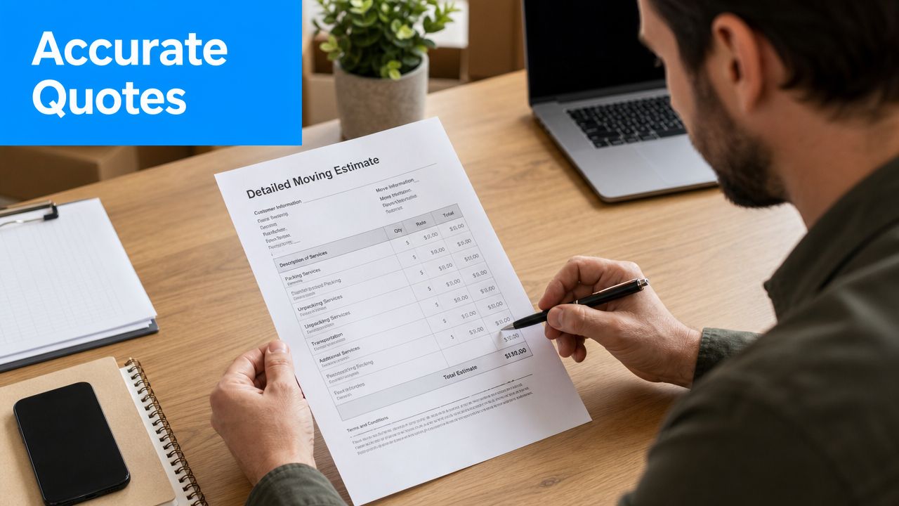 A man reviewing a detailed moving estimate document while working at his desk in an office.