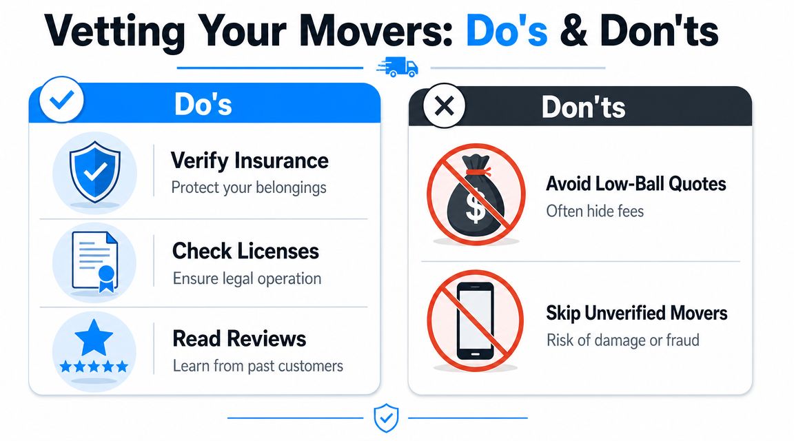 An infographic titled Vetting Your Movers showing key do's and don'ts for hiring moving company services.
