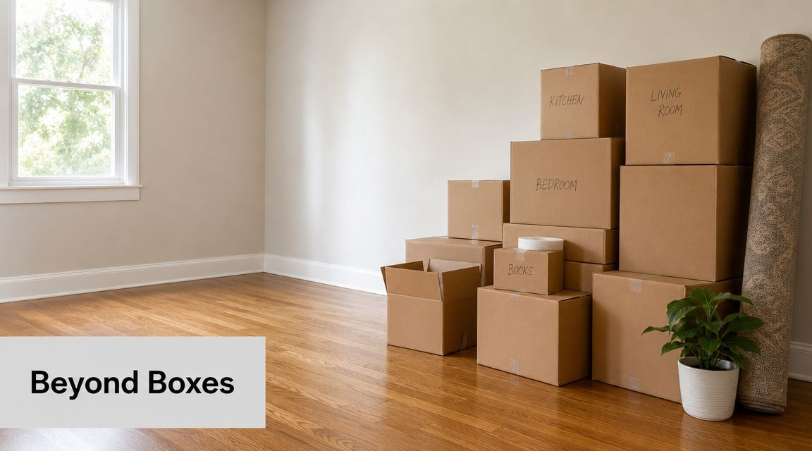 A stack of brown cardboard moving boxes sits on a hardwood floor in an empty room.