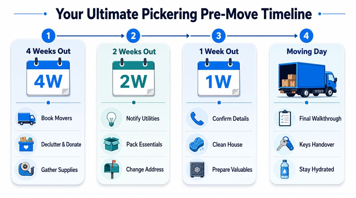 A visual guide for a Pickering pre-move timeline with steps for four weeks, two weeks, one week, and moving day.