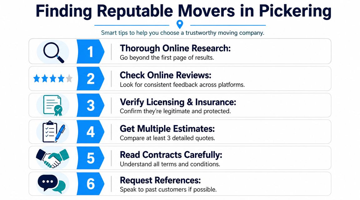A professional infographic titled Finding Reputable Movers in Pickering with six numbered tips for selecting moving services.