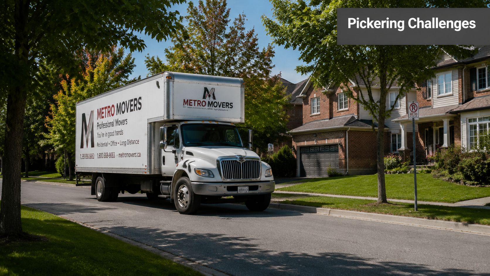 A Metro Movers moving truck parked on a quiet residential street in Pickering, Ontario, Canada.