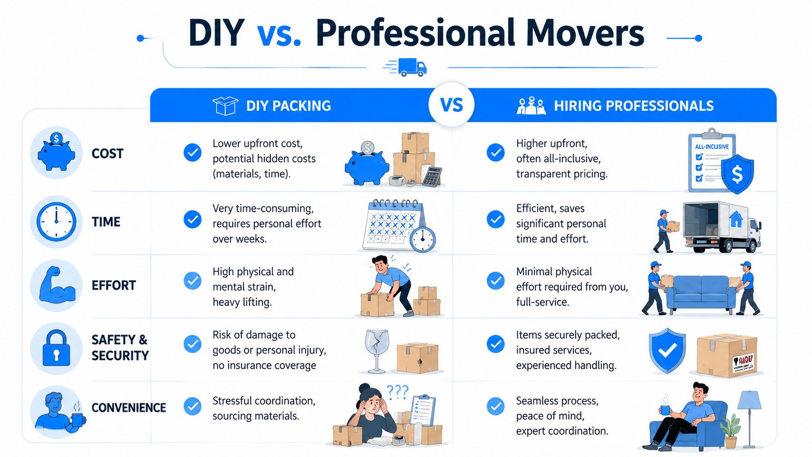 A comparison infographic between DIY packing and hiring professional movers, highlighting cost, time, effort, safety, and convenience.