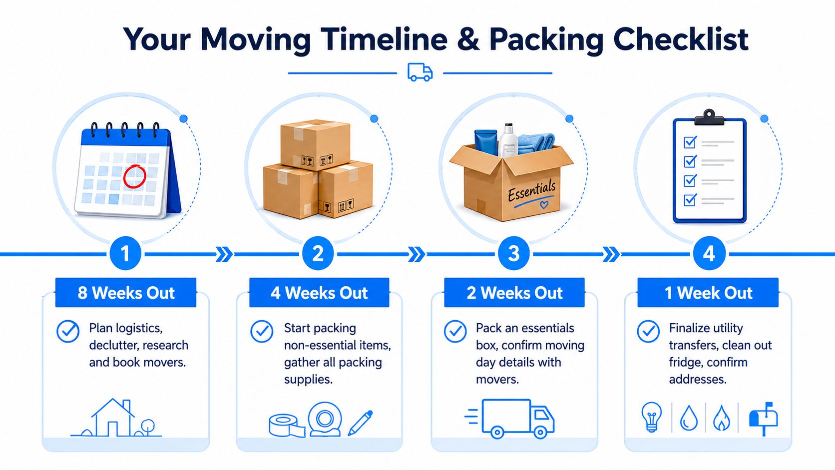 A four-step infographic illustrating a packing and moving timeline for a residential relocation process.