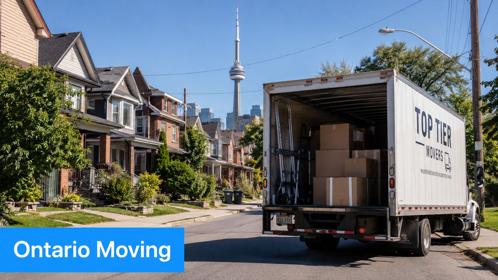 A Top Tier Movers truck parked on a residential street with the CN Tower visible in the background.
