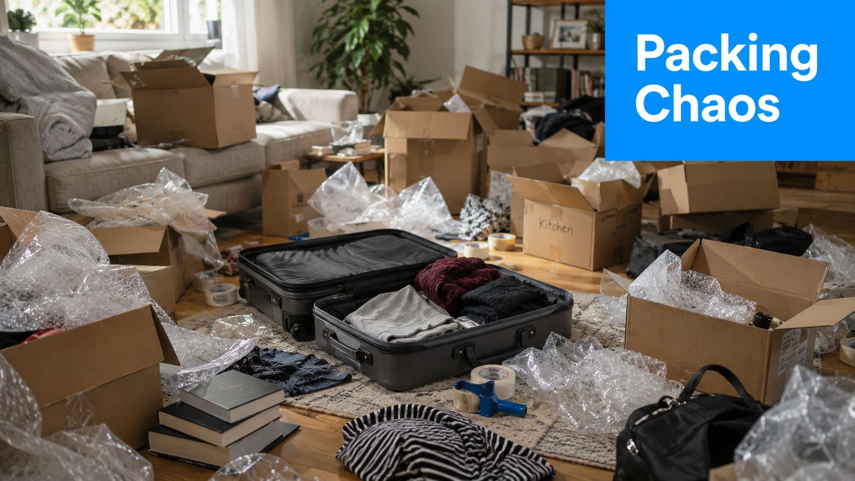 Open suitcase surrounded by cardboard moving boxes and packing supplies on a living room floor